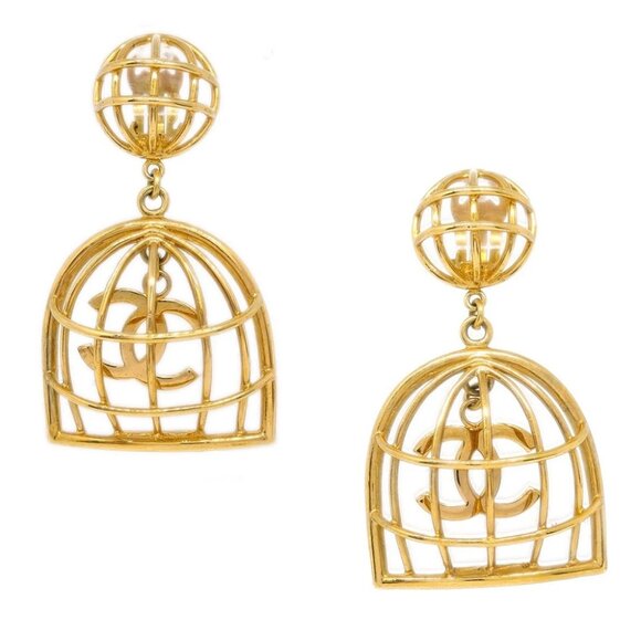 Chanel Birdcage Dangle Earrings Clip-On Gold 93A - Picture 1 of 4